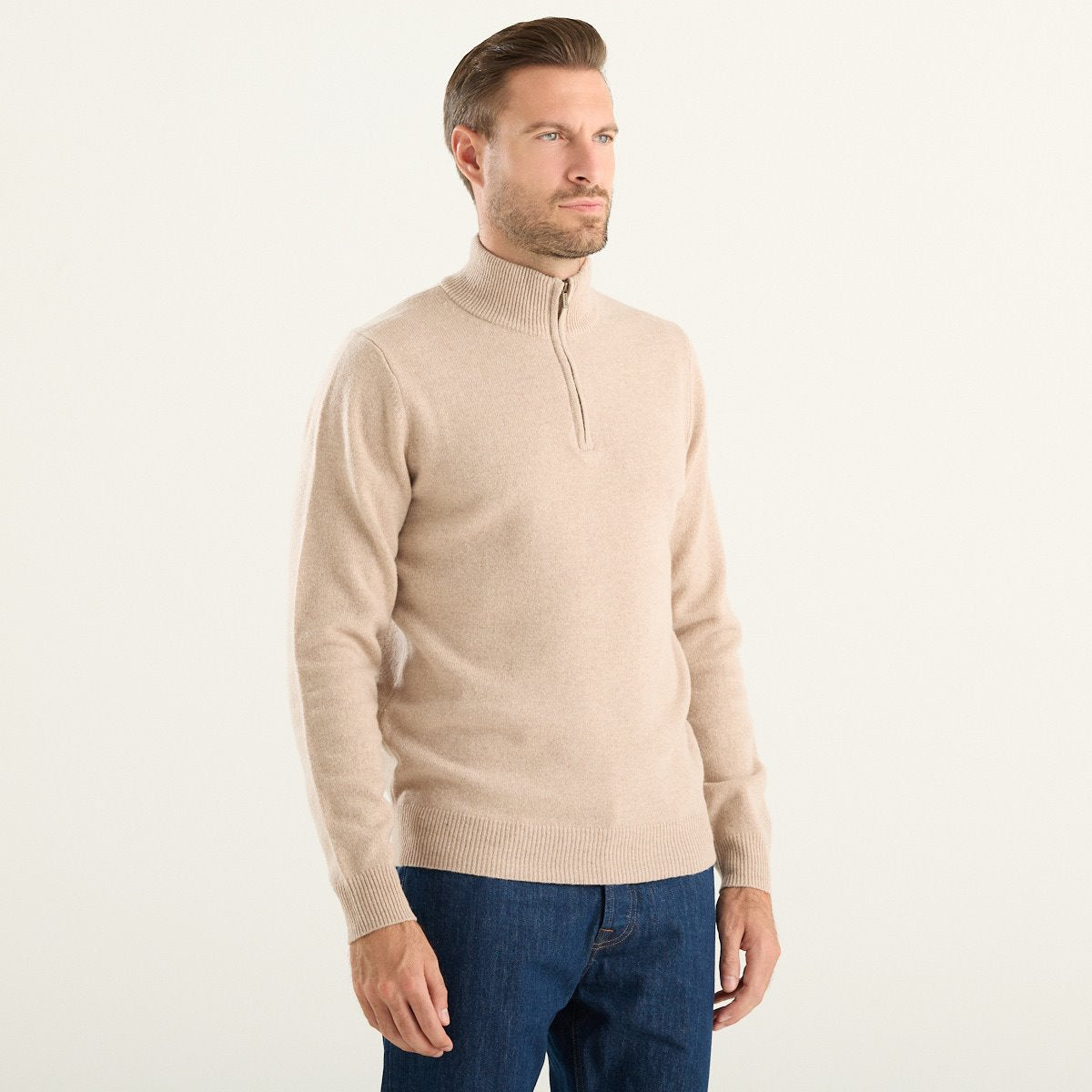MC2 Saint Barth maglione uomo Jermyn in lambswool beige con mezza zip