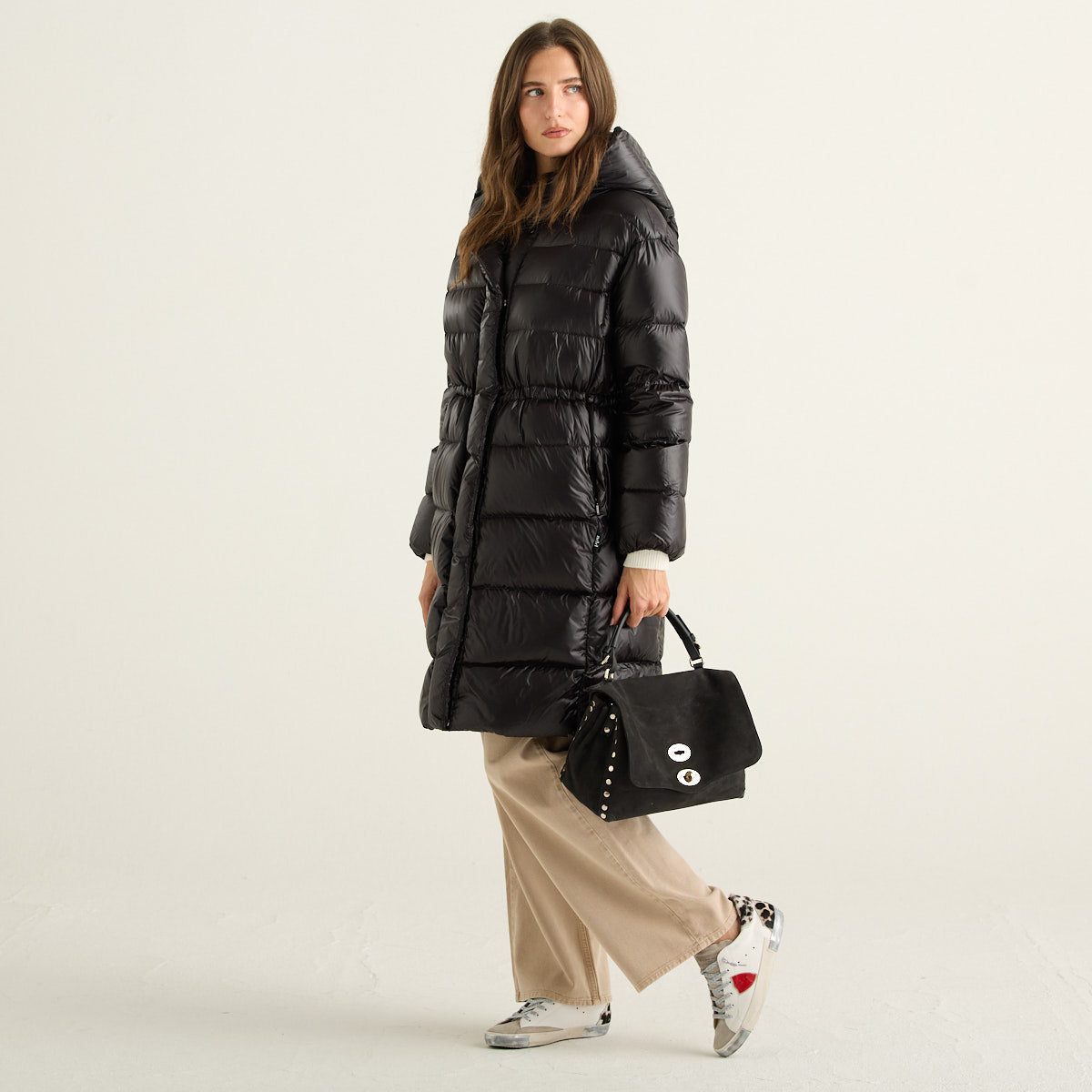 ADD Piumino Lungo Donna Nero con Cappuccio e Coulisse in Vita