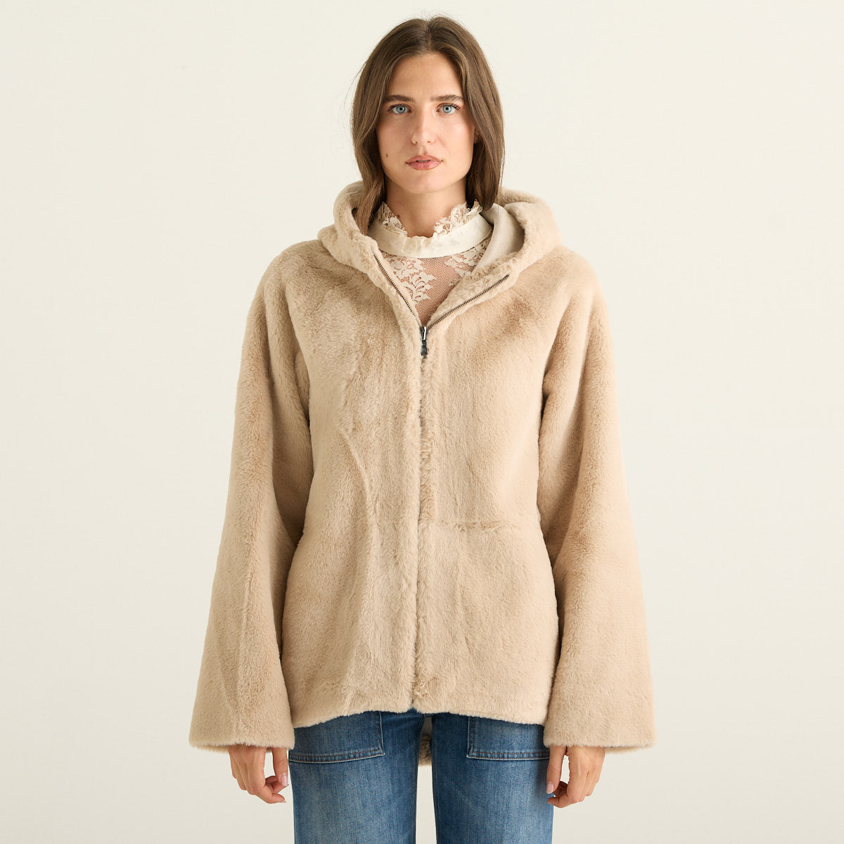Blanche Giacca Reversibile Donna Beige con Cappuccio in Pelliccia Effetto Montone