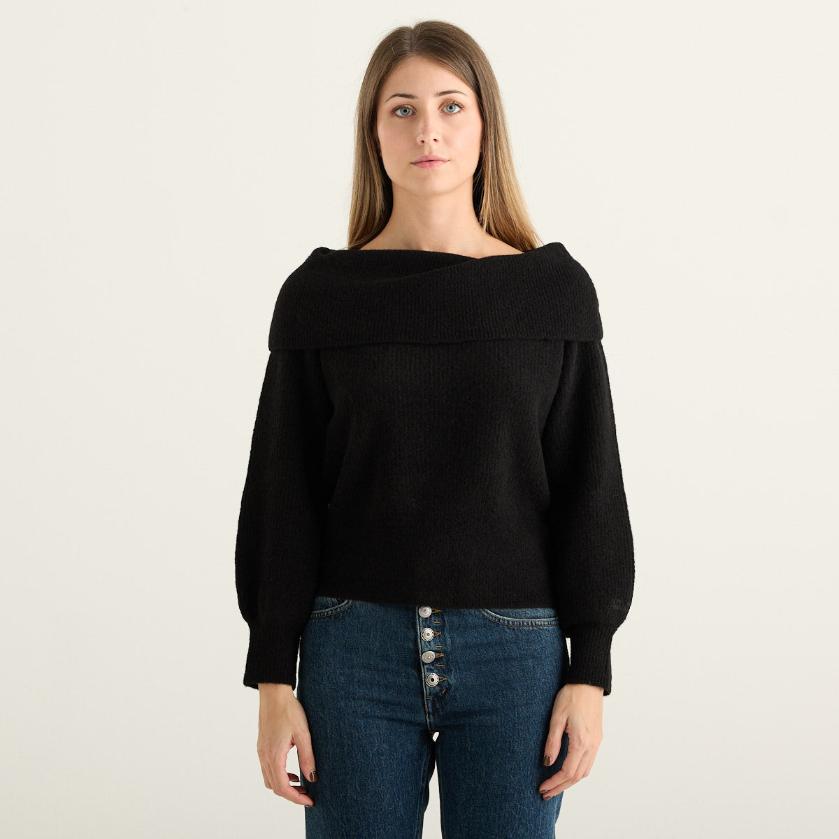 MC2 Saint Barth Maglione Donna Nero con Maxi Collo a Barca Risvoltato
