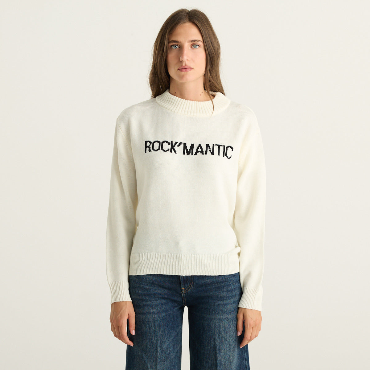Patrizia Pepe maglione donna panna in misto lana con scritta Rock’mantic