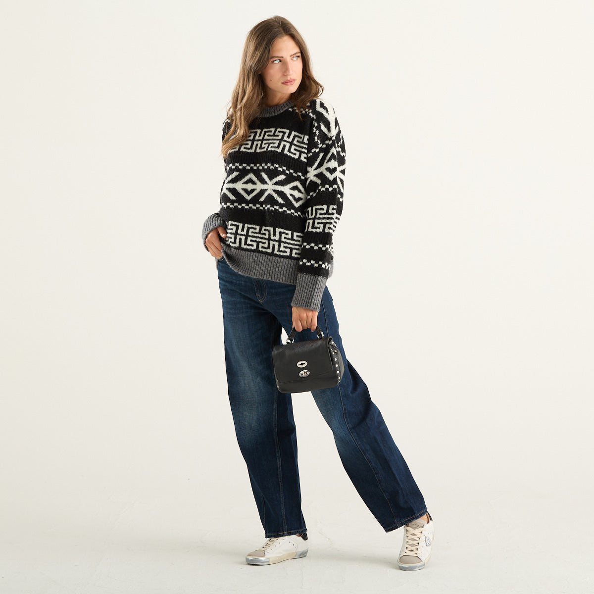 Woolrich – Maglione donna jacquard nero, bianco e grigio