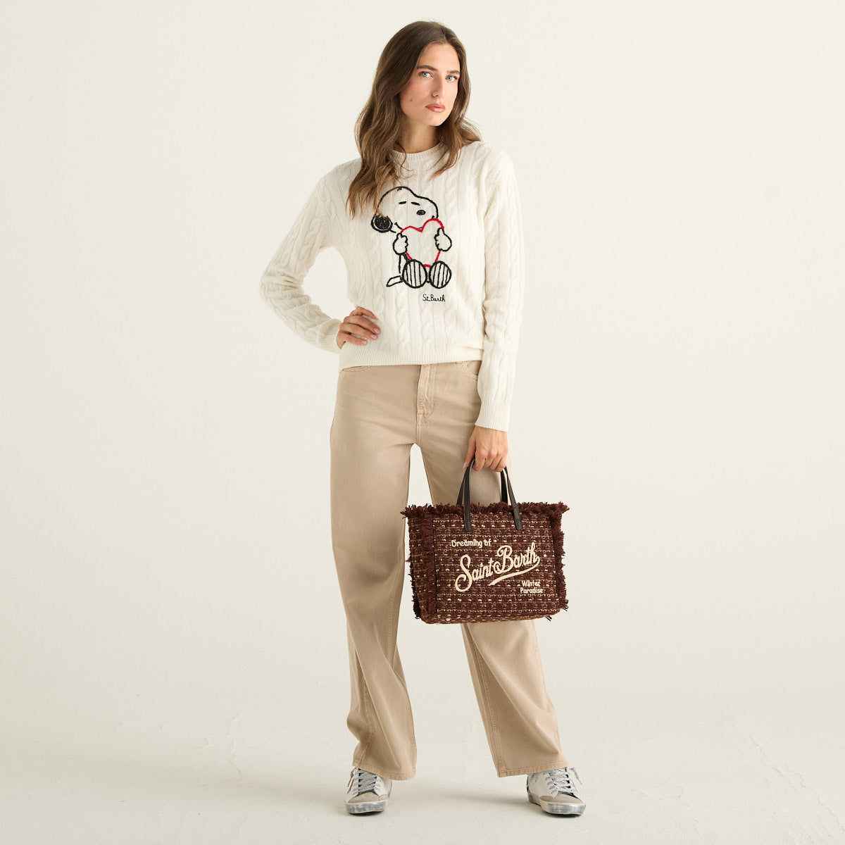 MC2 Saint Barth Maglione Donna Panna a Trecce con Snoopy