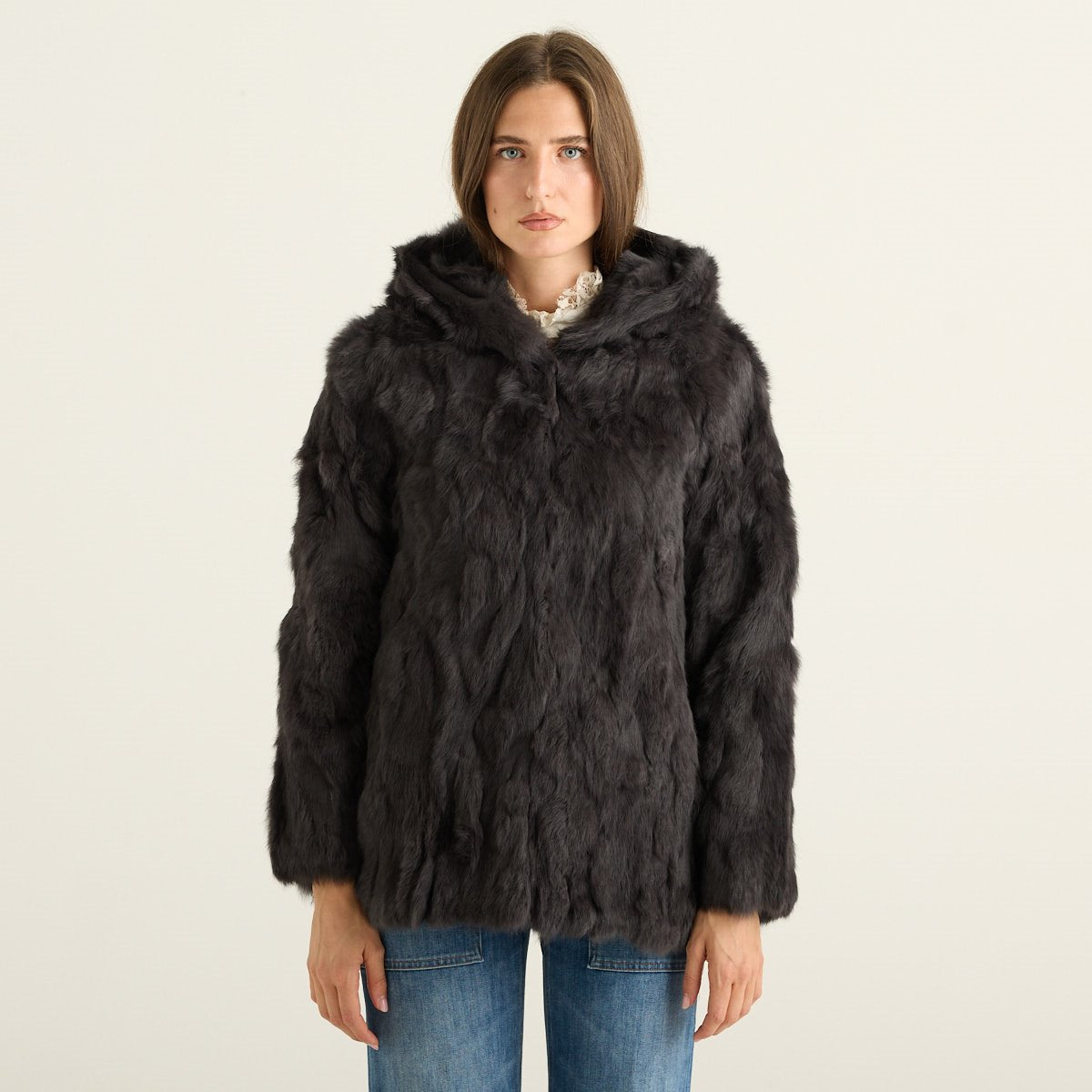 Blanche Giacca in Pelliccia Donna Grigio Antracite con Cappuccio