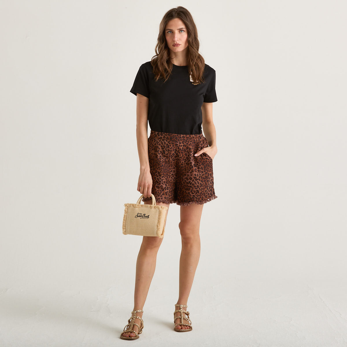 Mc2 Saint Barth shorts linen sand leopard fringe