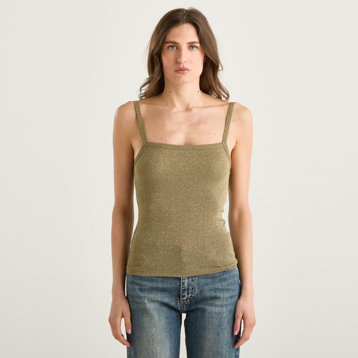 Souvenir canotta lurex in tessuto verde militare