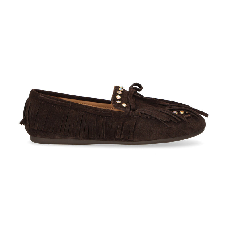 Ovyè mocassino con frange e strass camoscio tdm