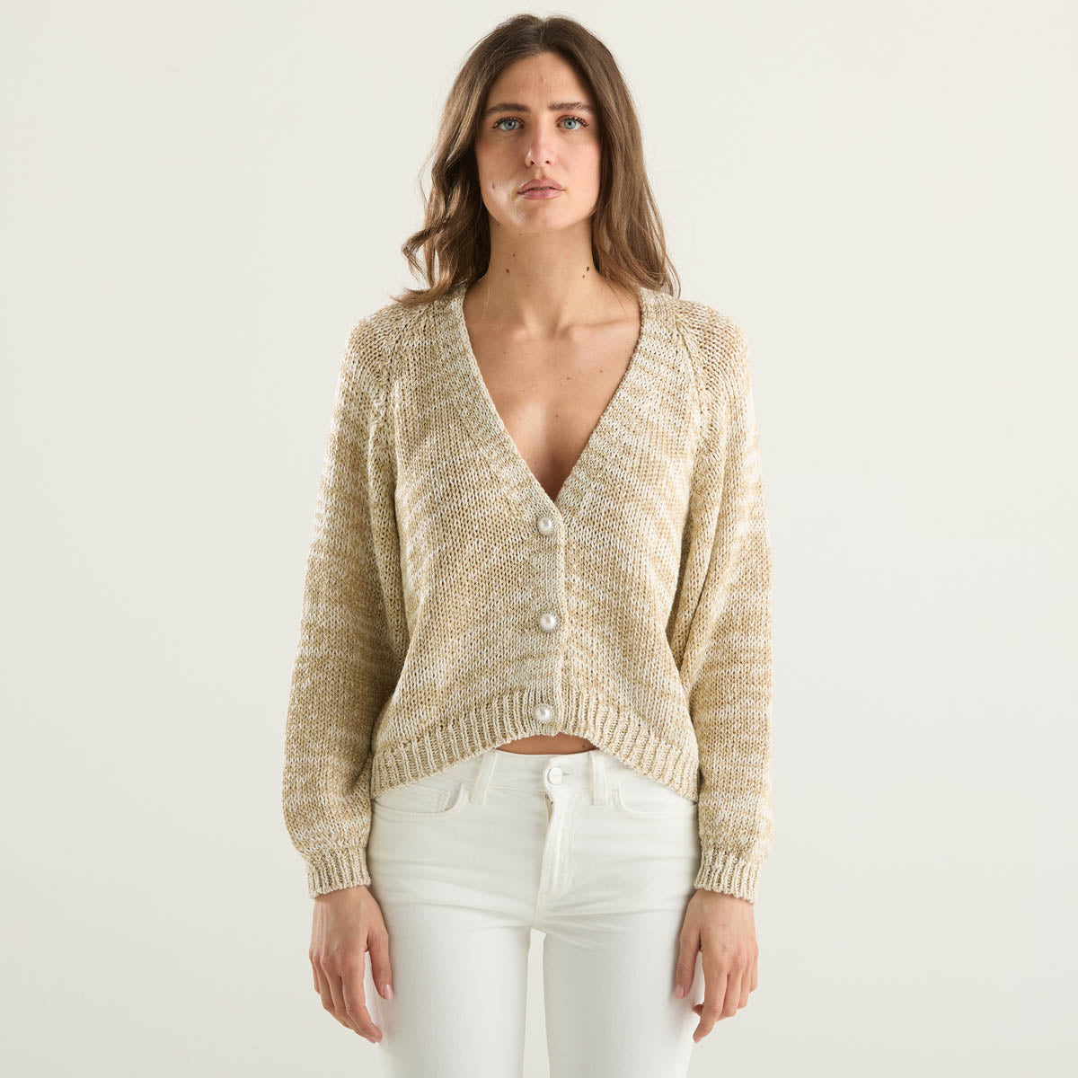 Haveone cardigan bottone gioiello panna e oro