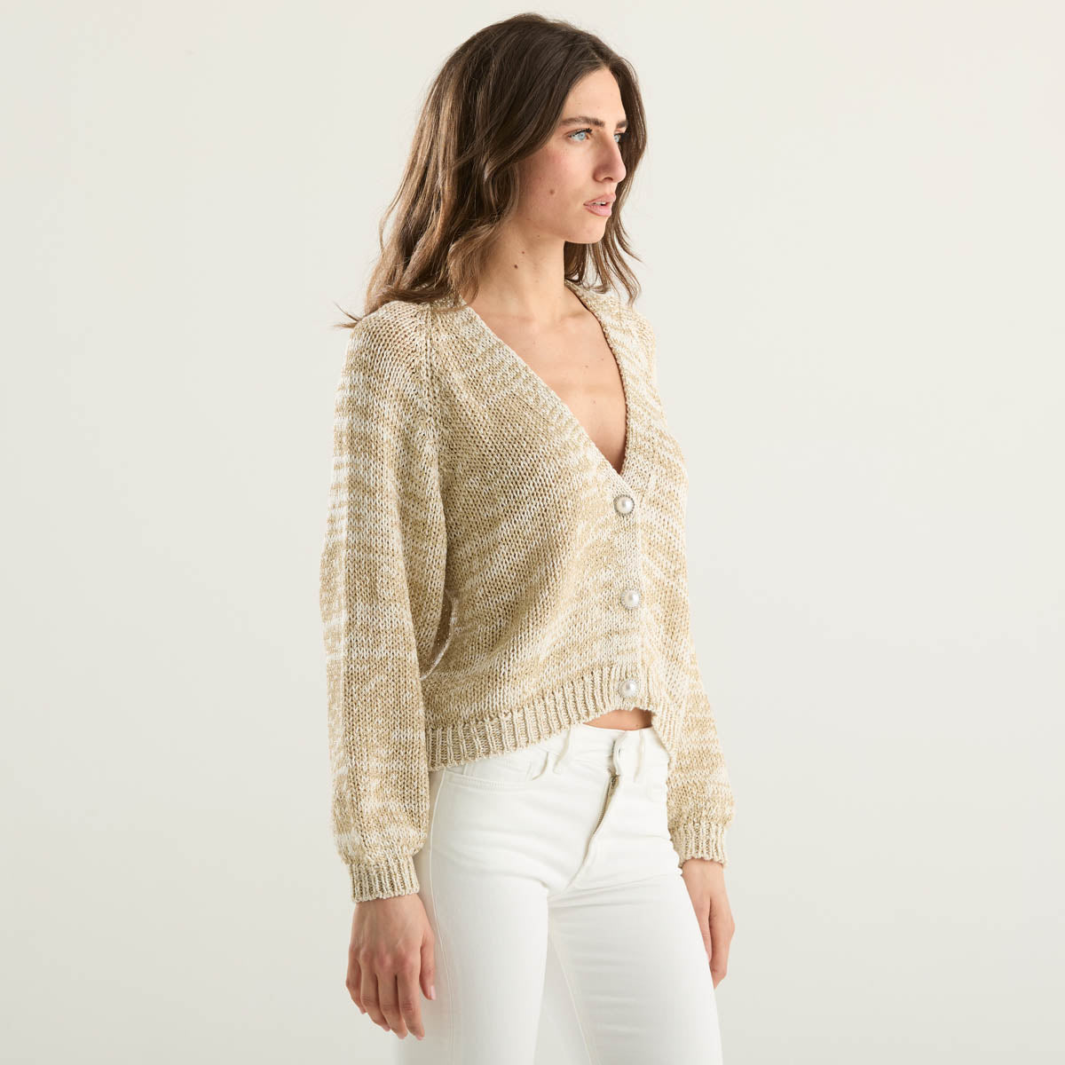 Haveone cardigan bottone gioiello panna e oro