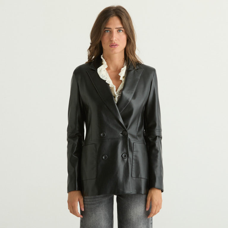 Haveone giacca monopetto in pelle nera