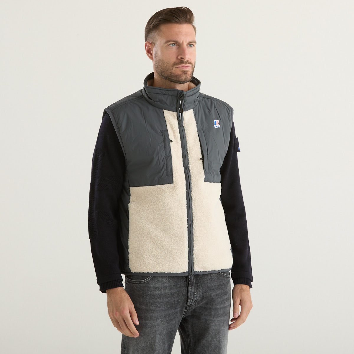 K-way gilet in sherpa grigio e panna