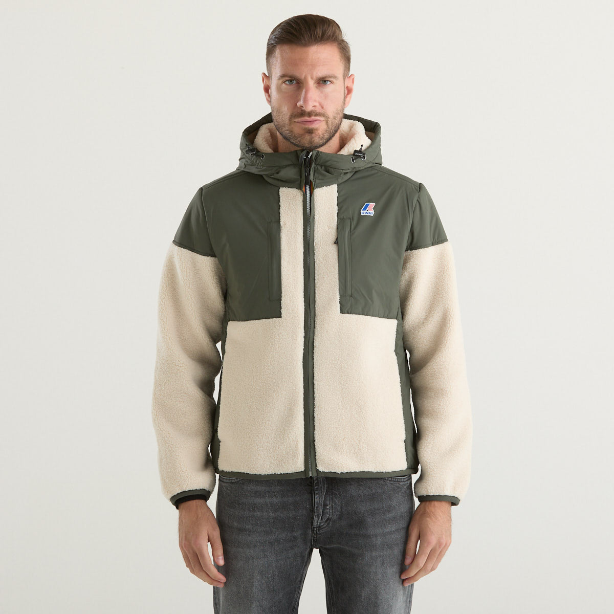 K-way giubbotto in sherpa con cappuccio verde