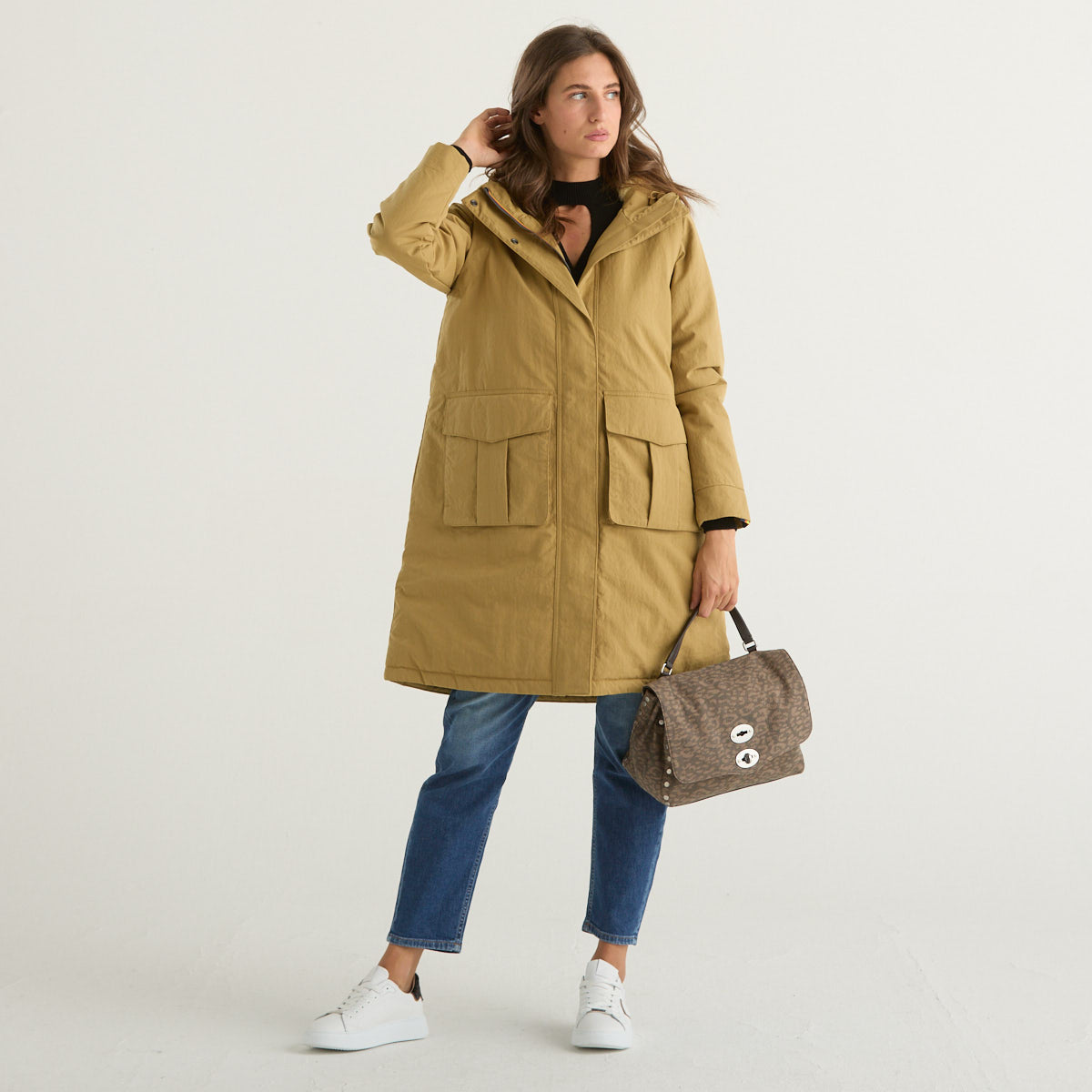 K-way parka con cappuccio in tessuto senape