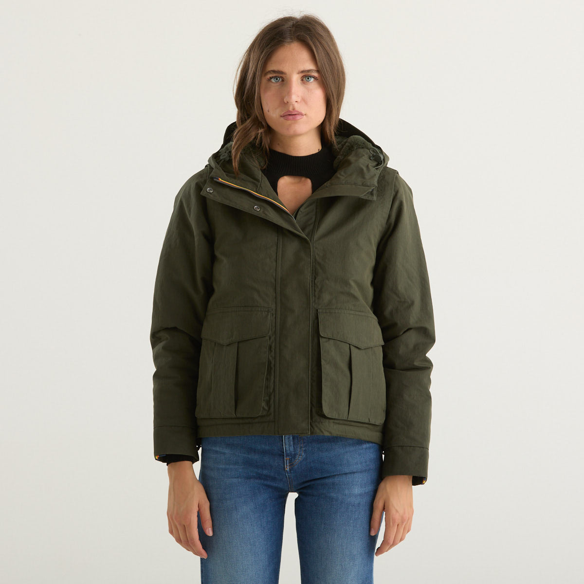 K-way parka corto con cappuccio verde