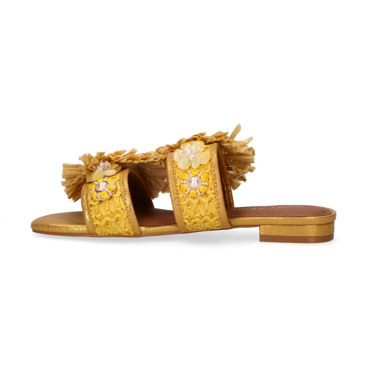 Kurt Geiger ciabatta raffia buckle laminata oro
