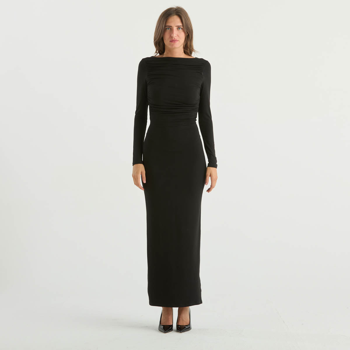 Solotre abito lungo a tubino in tessuto nero