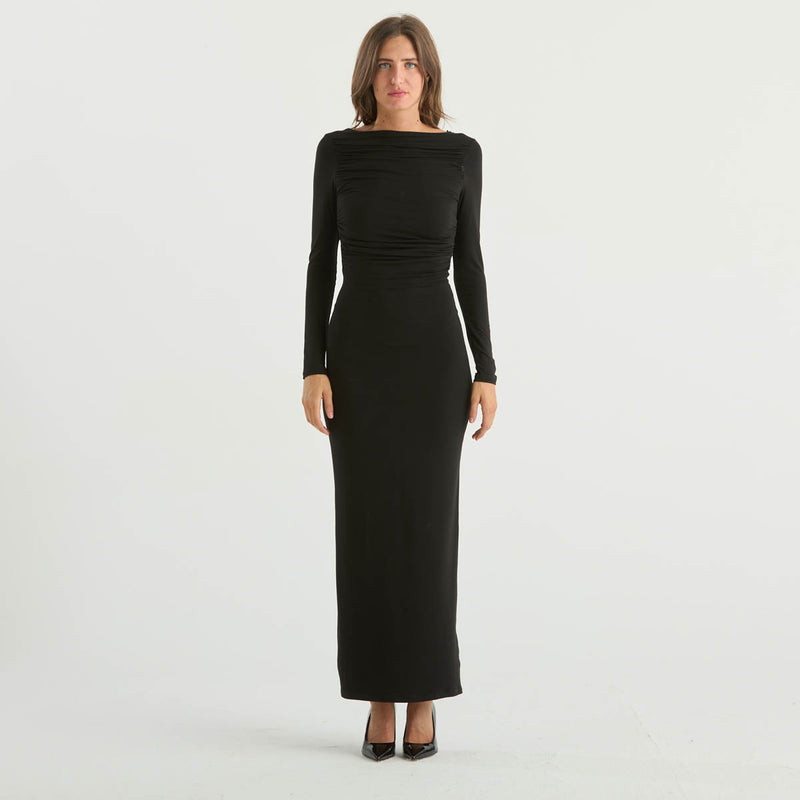 Solotre abito lungo a tubino in tessuto nero