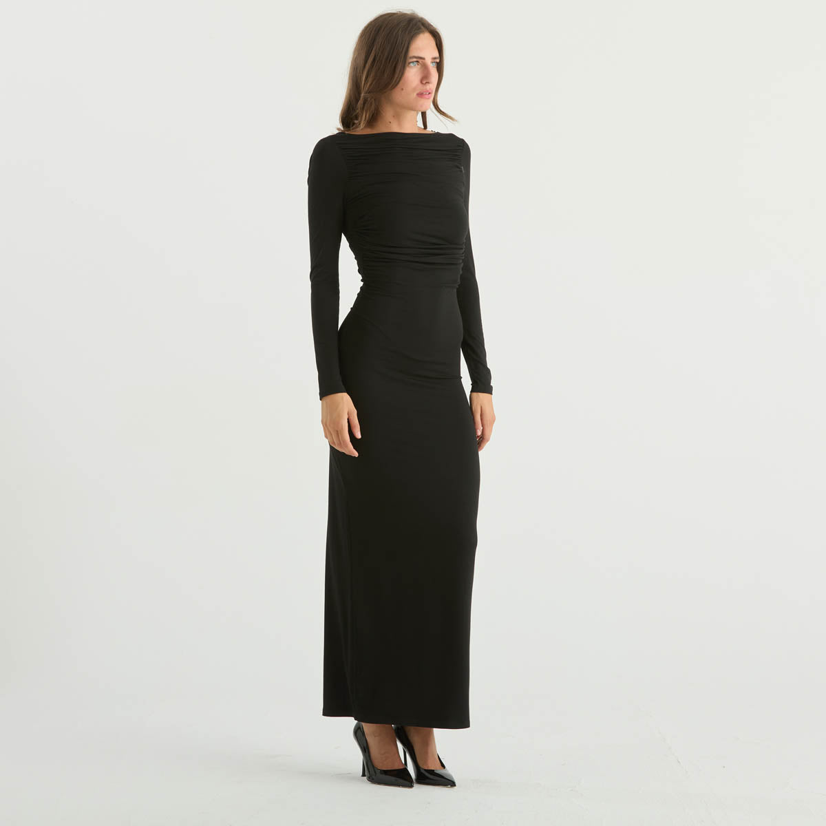 Solotre abito lungo a tubino in tessuto nero