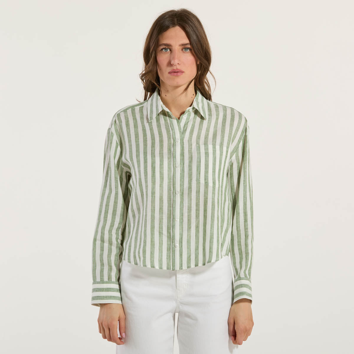 Maxmara camicia in puro lino a righe bianco verde