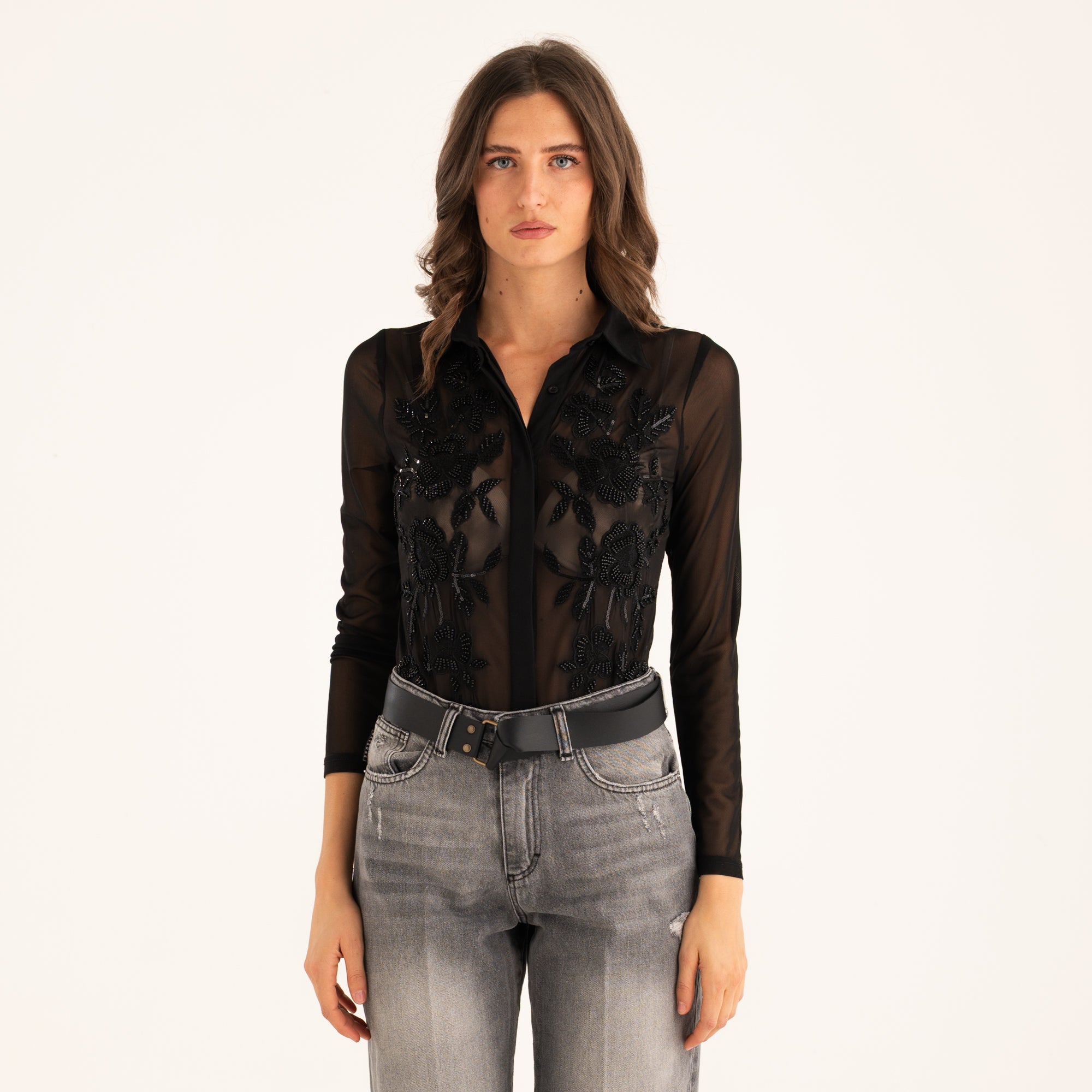 Souvenir camicia a body con applicazioni nera