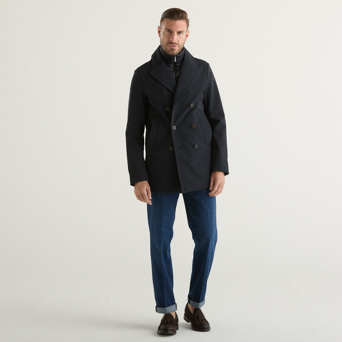 Rrd cappotto doppiopetto in tessuto tecnico blu