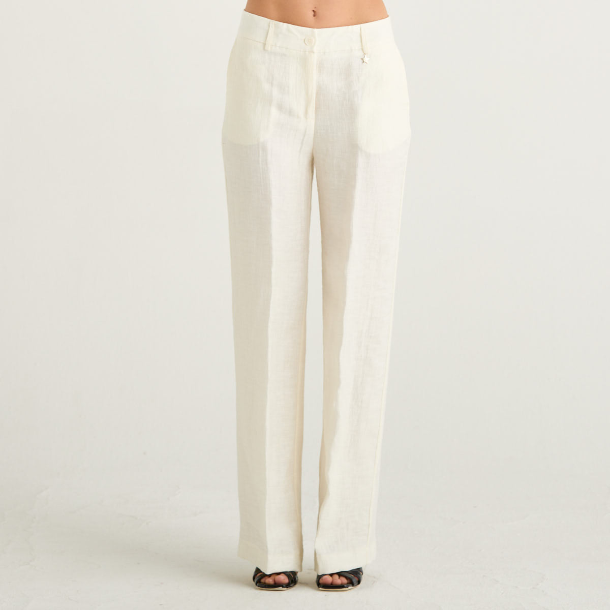 Souvenir pantalone in lino a palazzo panna