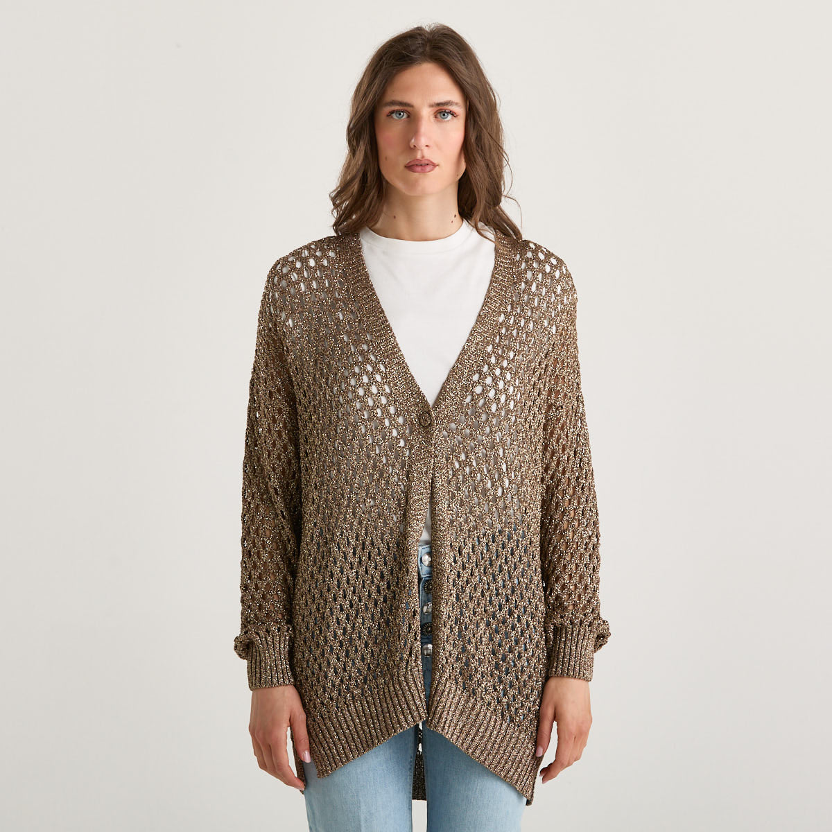 Souvenir cardigan traforato in maglia bronzo