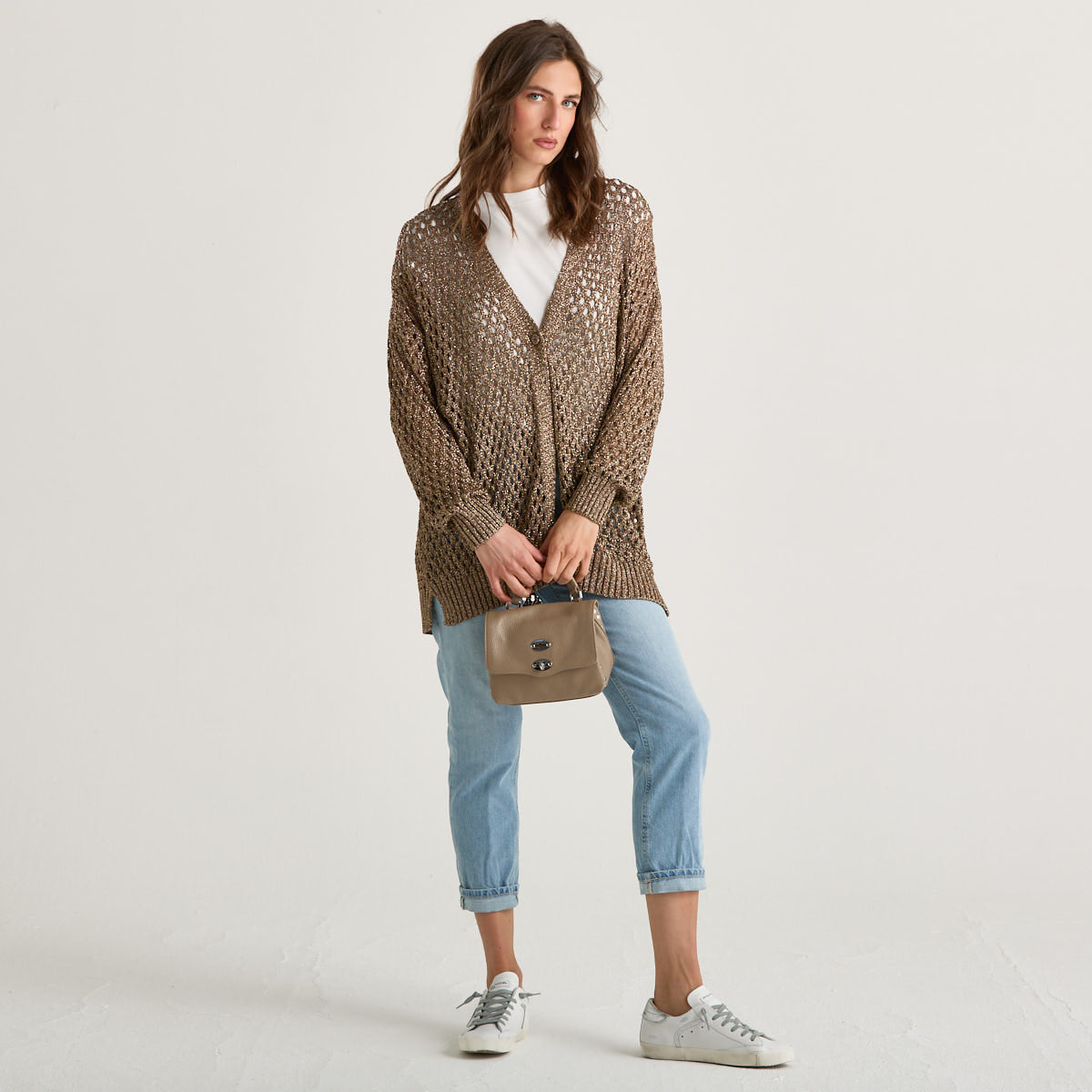 Souvenir cardigan traforato in maglia bronzo