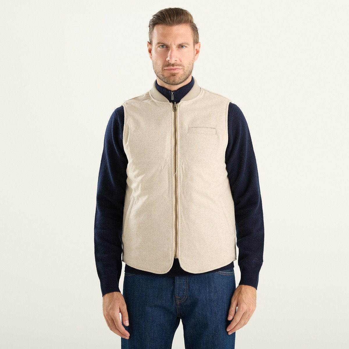 Bl’ker Vintage gilet uomo Owl reversibile in misto lana beige