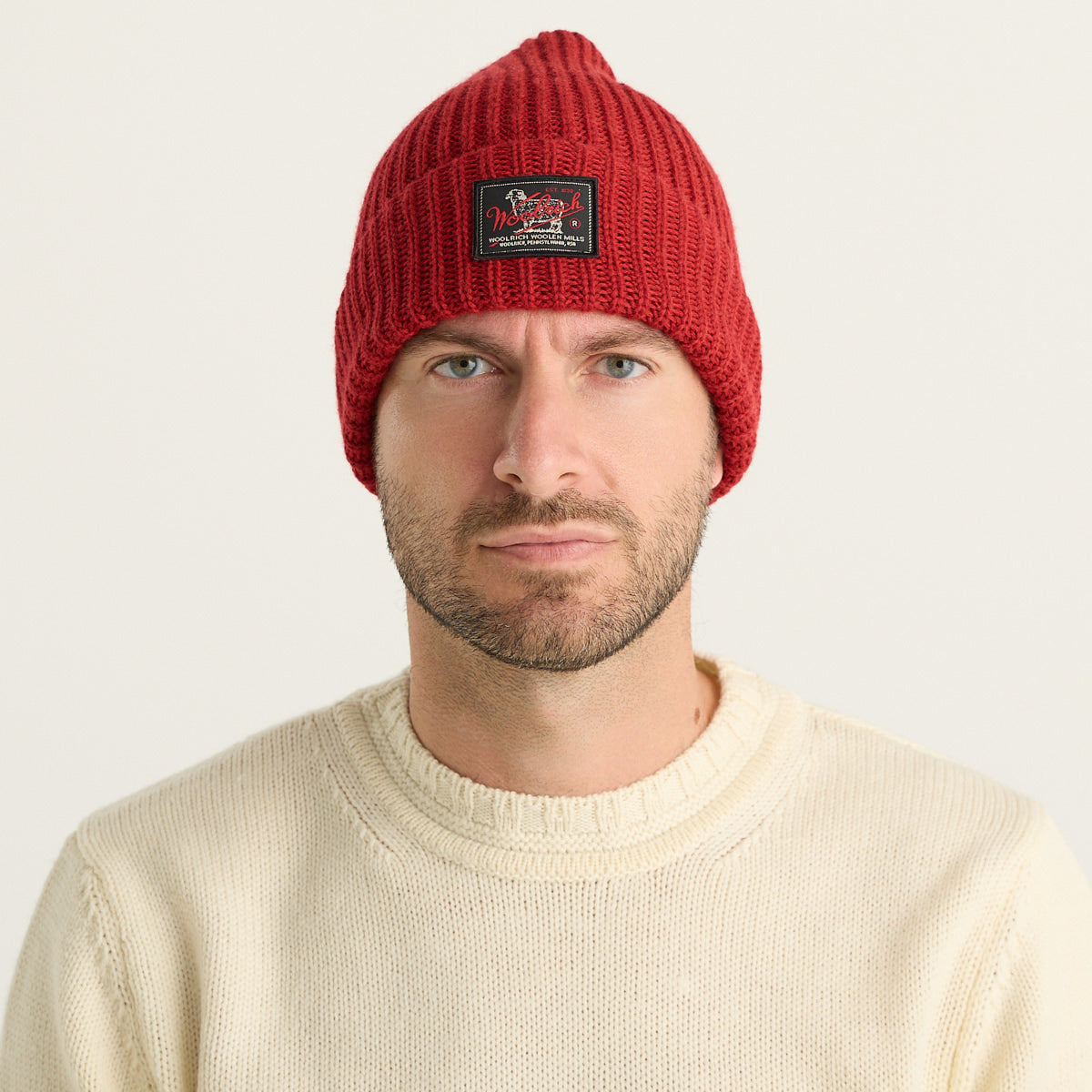 Woolrich Berretto Uomo WM Patch Beanie Rosso in Lana Vergine con Logo