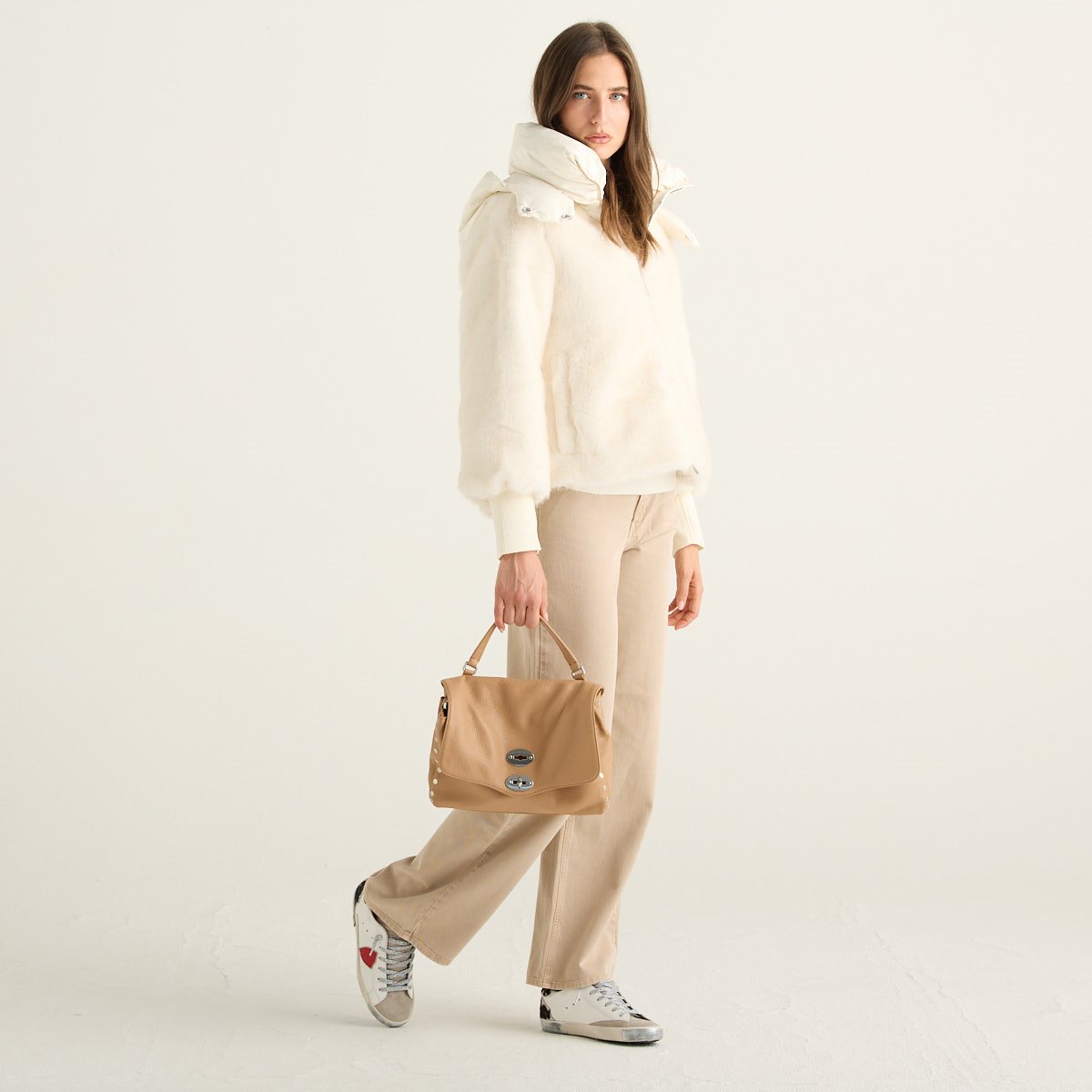 ADD Giacca Donna in Ecopelliccia Panna con Collo Alto