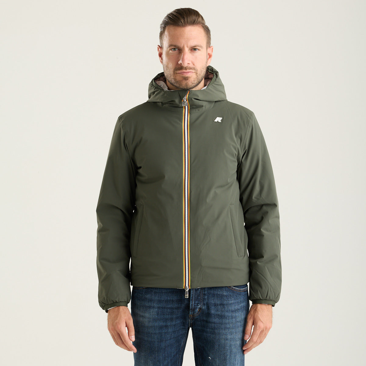 K-Way giubbotto jack reversibile verde militare e grigio con cappuccio