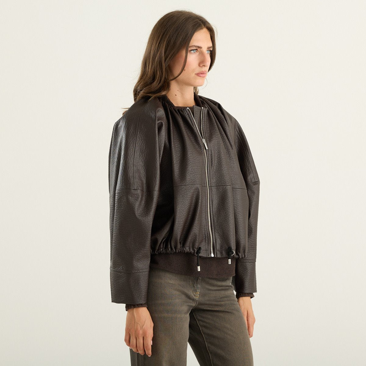 Meimeij giacca bomber donna in similpelle marrone con coulisse