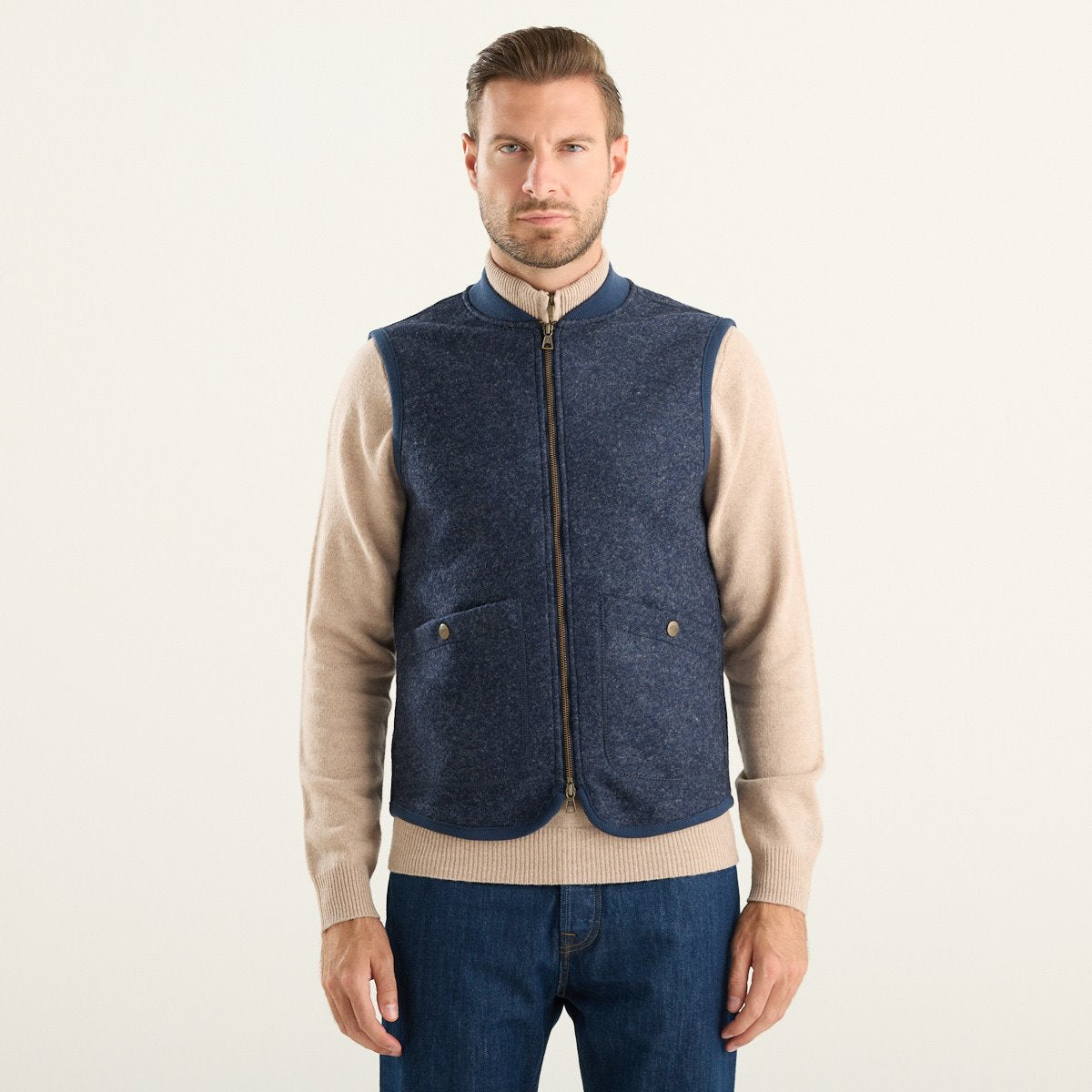Bl’ker Vintage gilet uomo Wolf in lana cotta blu mélange