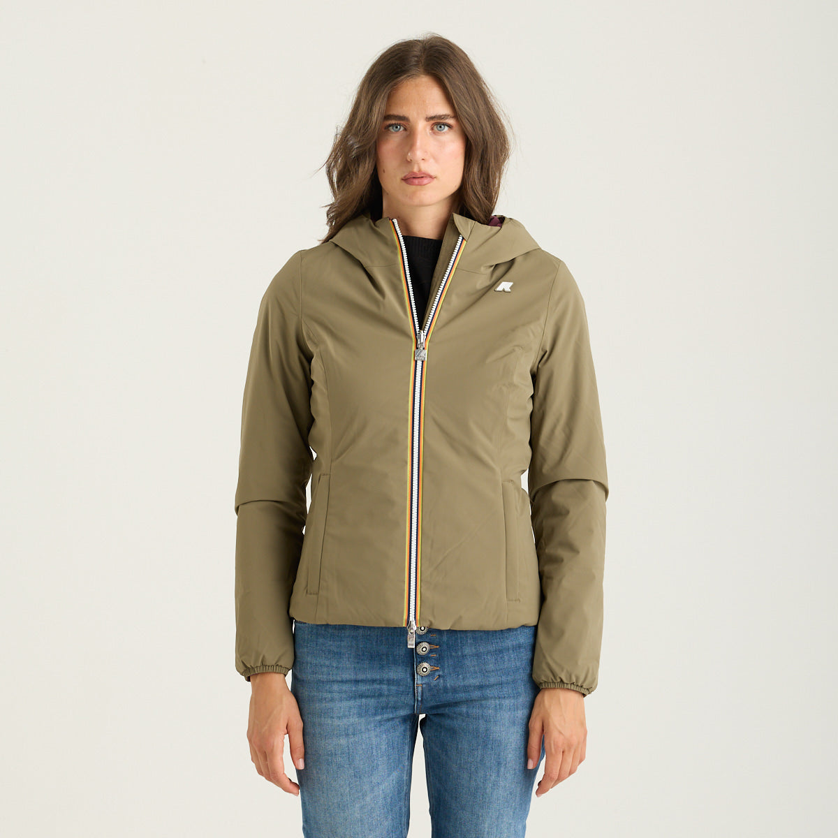 K-Way giubbotto lily reversibile verde militare e viola con cappuccio