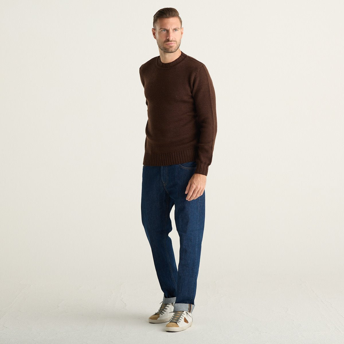 Wool & Co Maglione Girocollo Uomo Marrone in Maglia a Coste