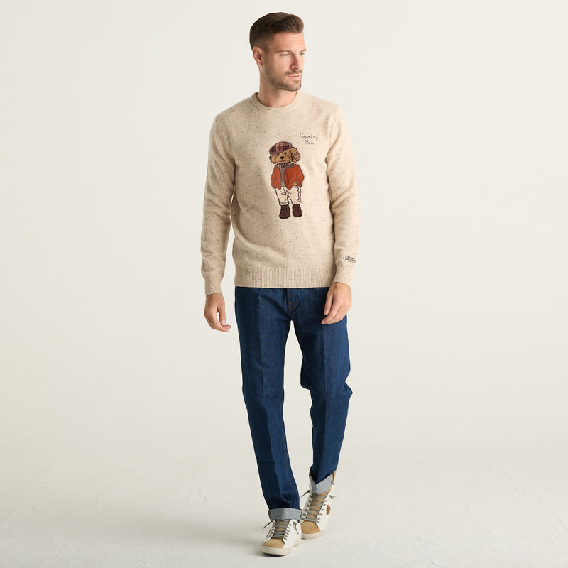 MC2 Saint Barth Maglione Uomo Beige Mélange con Orsetto Country Man
