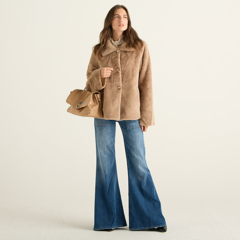 Blanche Giacca Reversibile Donna Cammello Beige con Pelliccia Morbida Effetto Montone