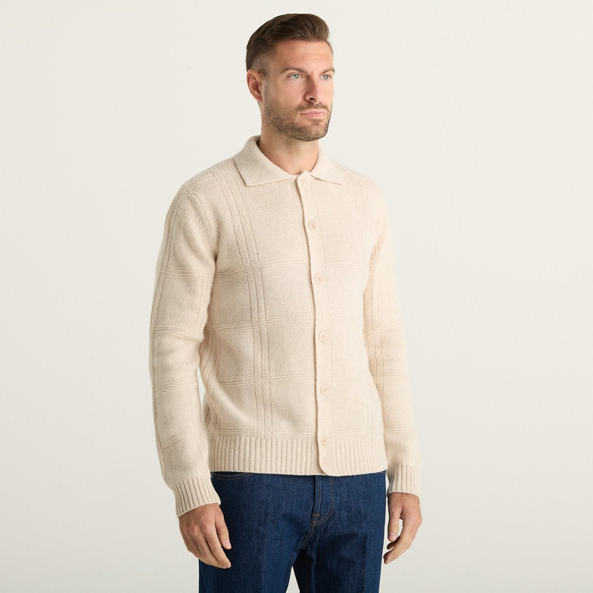 Wool & Co Cardigan Uomo Panna con Colletto e Bottoni in Maglia Lavorata