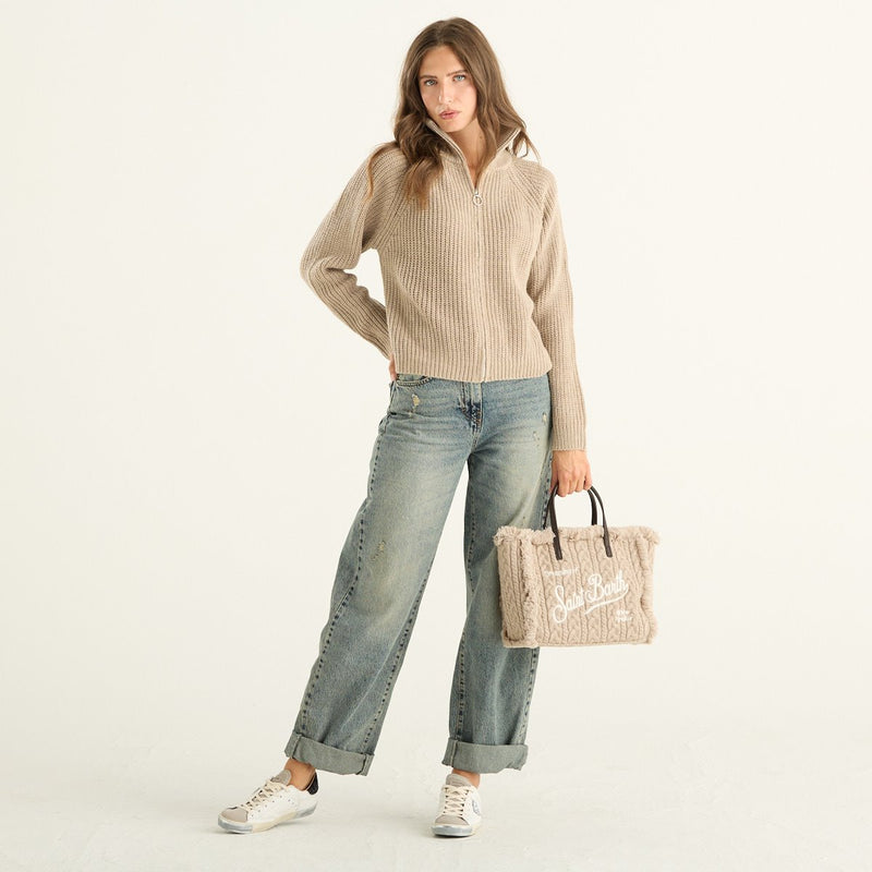 Haveone cardigan donna beige a coste con zip e collo alto