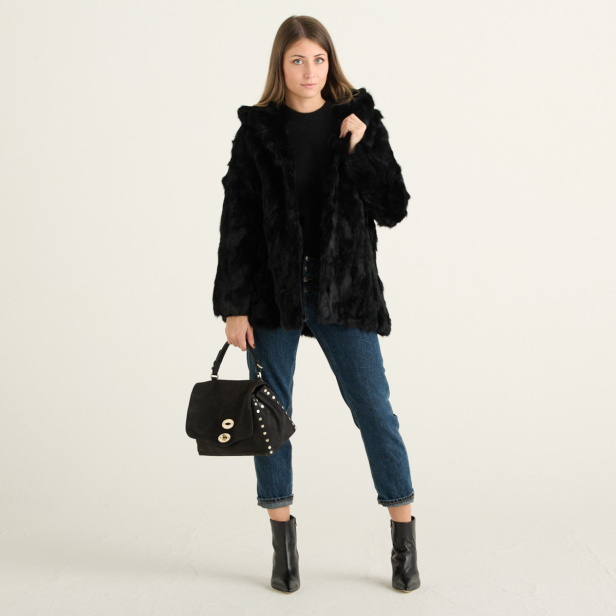Blanche Giacca Donna Nera in Pelliccia con Cappuccio