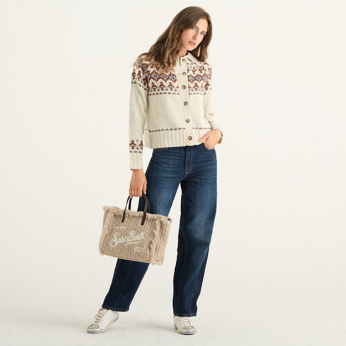 MC2 Saint Barth cardigan donna Patty Donegal beige con fantasia nordica