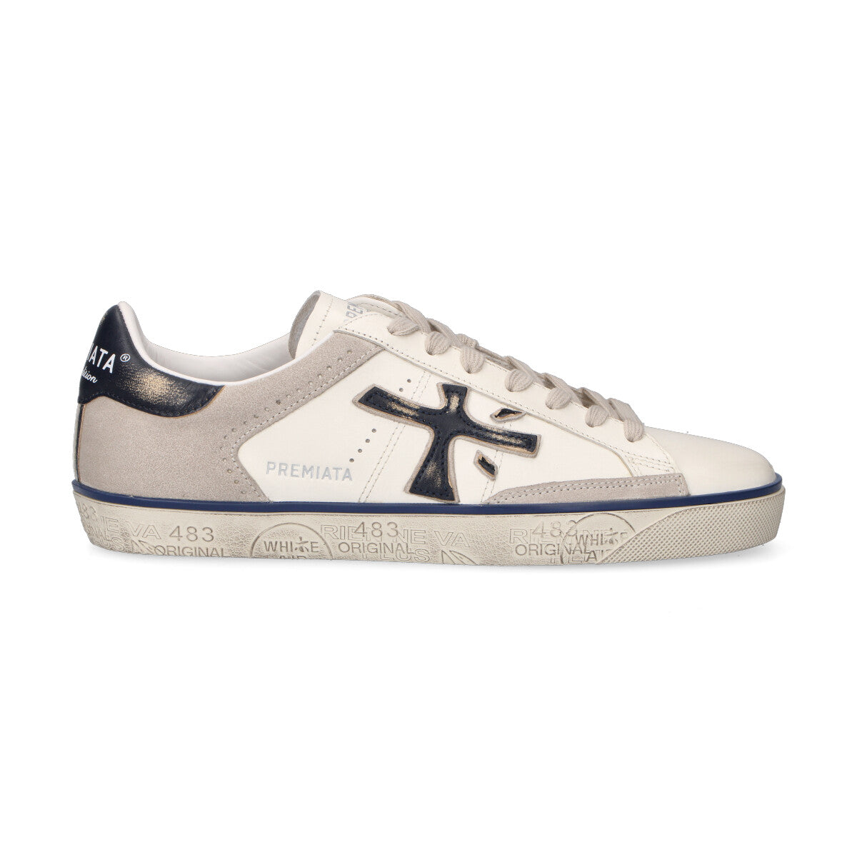 Premiata sneaker Steven in pelle panna blu