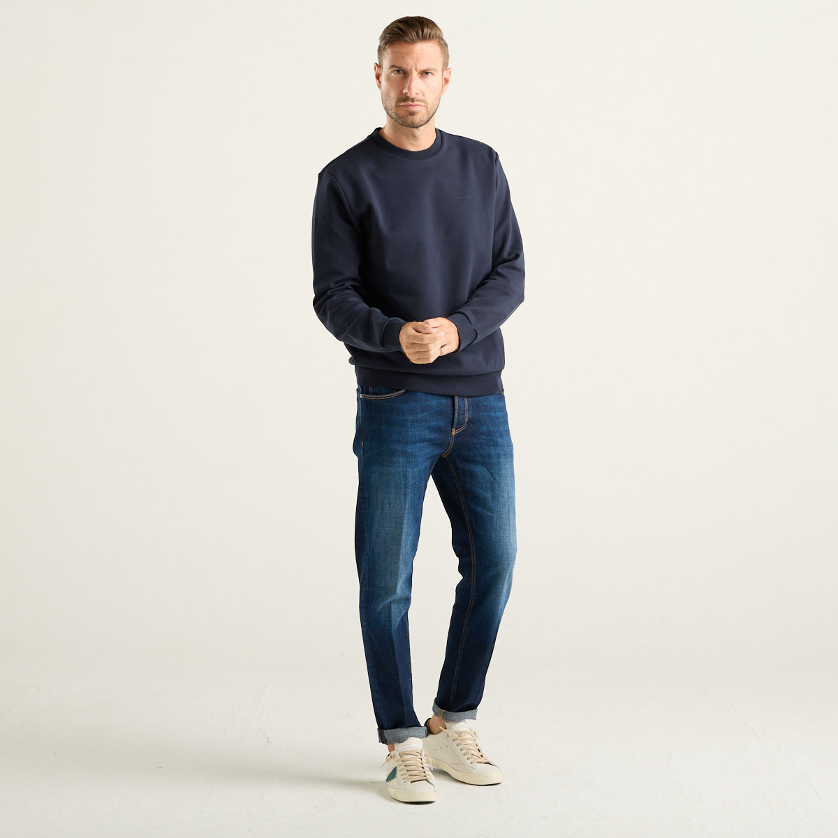 Woolrich felpa girocollo in misto cotone interlock con logo blu