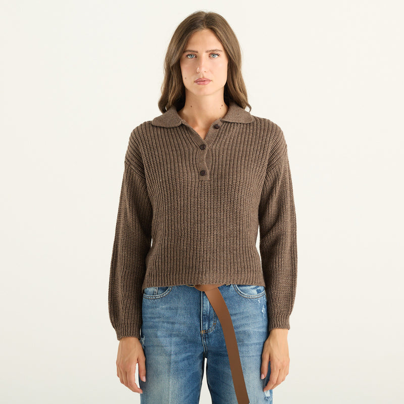 Haveone polo donna marrone in maglia a costa inglese