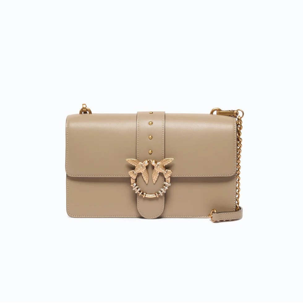 Pinko borsa a tracolla media Love Bag One in pelle beige con fibbia gioiello