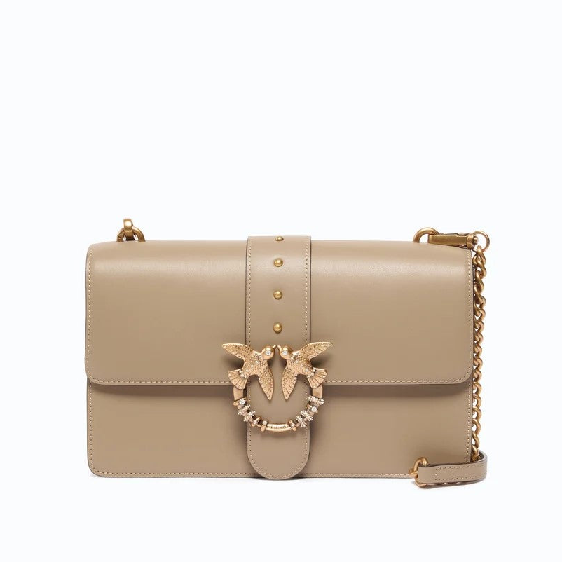Pinko borsa a tracolla media Love Bag One in pelle beige con fibbia gioiello