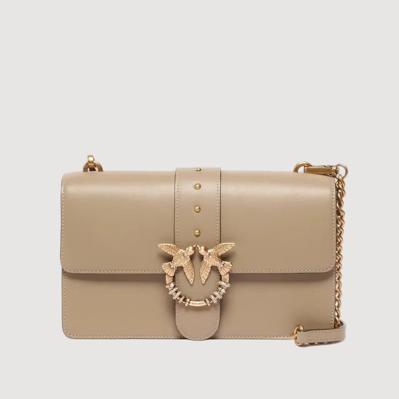 Pinko borsa a tracolla media Love Bag One in pelle beige con fibbia gioiello