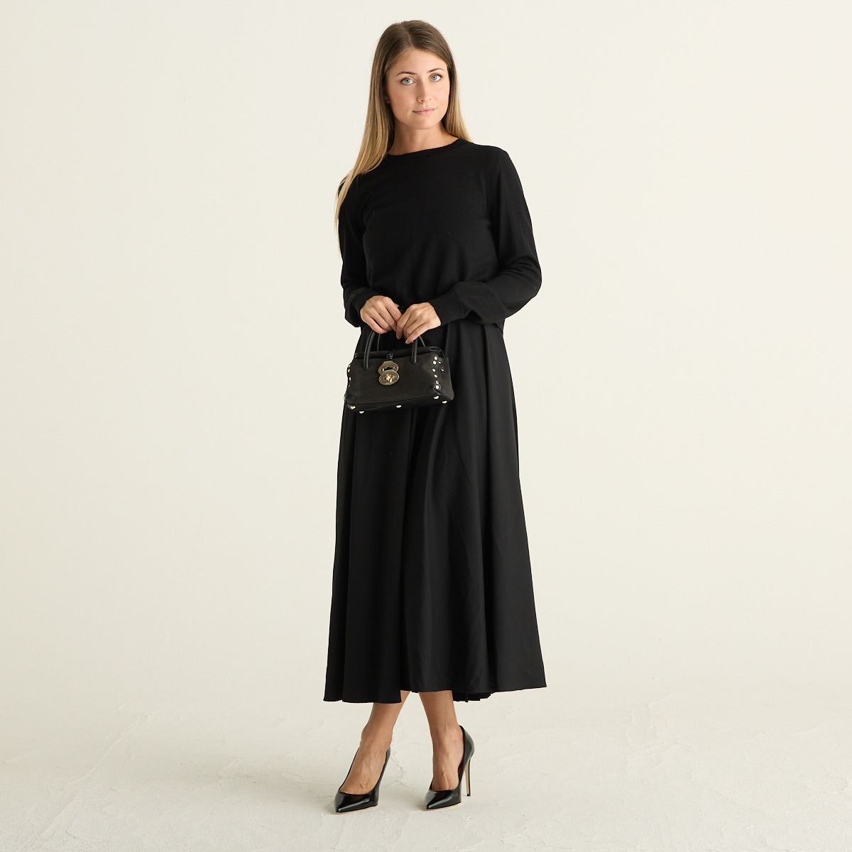 Mei Mei J Abito Donna Nero Midi con Cardigan, Girocollo e Gonna Ampia