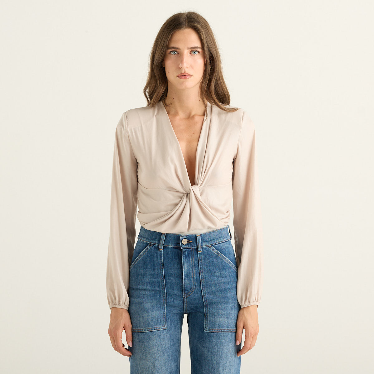Haveone Body Donna Beige Nude con Scollo a V Profondo e Drappeggio Annodato